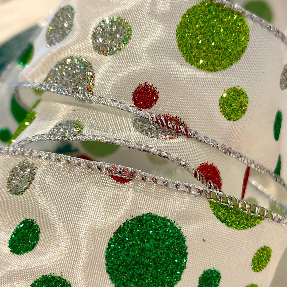 Polka dot GLITTER Ribbon, 1.5" Wire Edge Christmas Polka Dot RIBBON Silver Edges